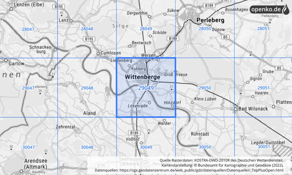 Übersichtskarte KOSTRA-DWD-2010R Rasterfeld Nr. 29049 mit angrenzenden Feldern