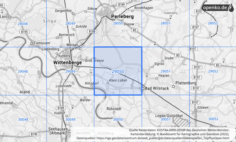 Übersichtskarte KOSTRA-DWD-2010R Rasterfeld Nr. 29050 mit angrenzenden Feldern