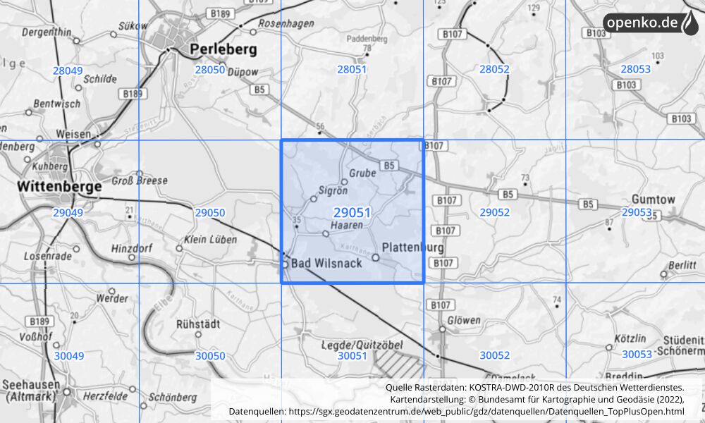 Übersichtskarte KOSTRA-DWD-2010R Rasterfeld Nr. 29051 mit angrenzenden Feldern