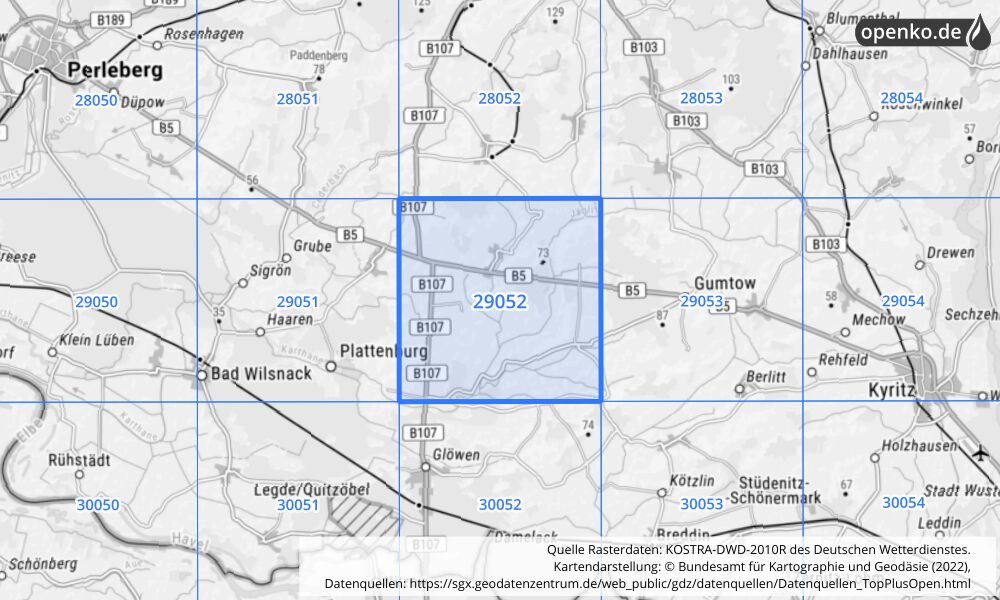 Übersichtskarte KOSTRA-DWD-2010R Rasterfeld Nr. 29052 mit angrenzenden Feldern