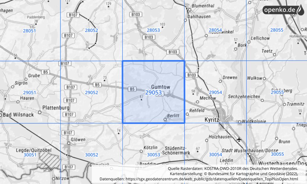 Übersichtskarte KOSTRA-DWD-2010R Rasterfeld Nr. 29053 mit angrenzenden Feldern