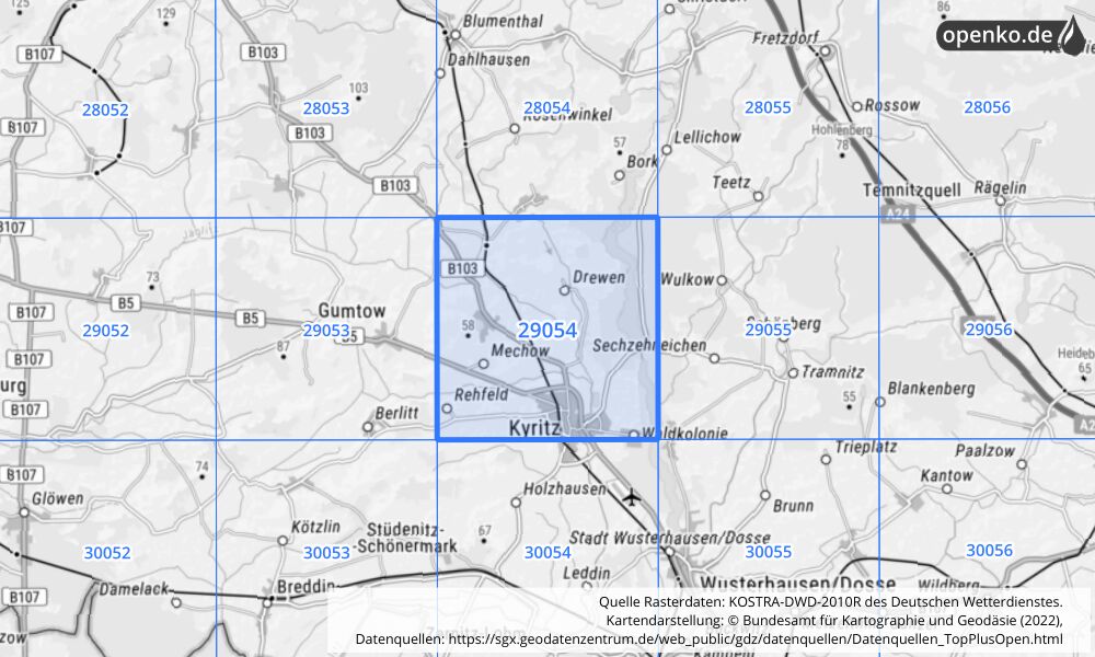 Übersichtskarte KOSTRA-DWD-2010R Rasterfeld Nr. 29054 mit angrenzenden Feldern