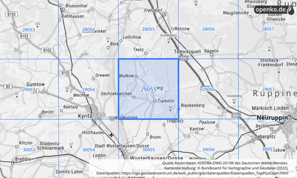 Übersichtskarte KOSTRA-DWD-2010R Rasterfeld Nr. 29055 mit angrenzenden Feldern