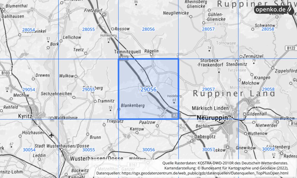 Übersichtskarte KOSTRA-DWD-2010R Rasterfeld Nr. 29056 mit angrenzenden Feldern