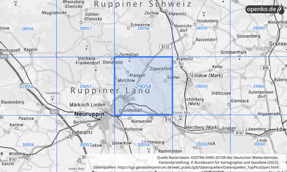 Übersichtskarte KOSTRA-DWD-2010R Rasterfeld Nr. 29058 mit angrenzenden Feldern