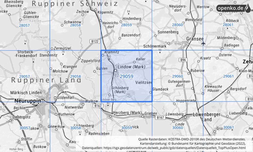 Übersichtskarte KOSTRA-DWD-2010R Rasterfeld Nr. 29059 mit angrenzenden Feldern