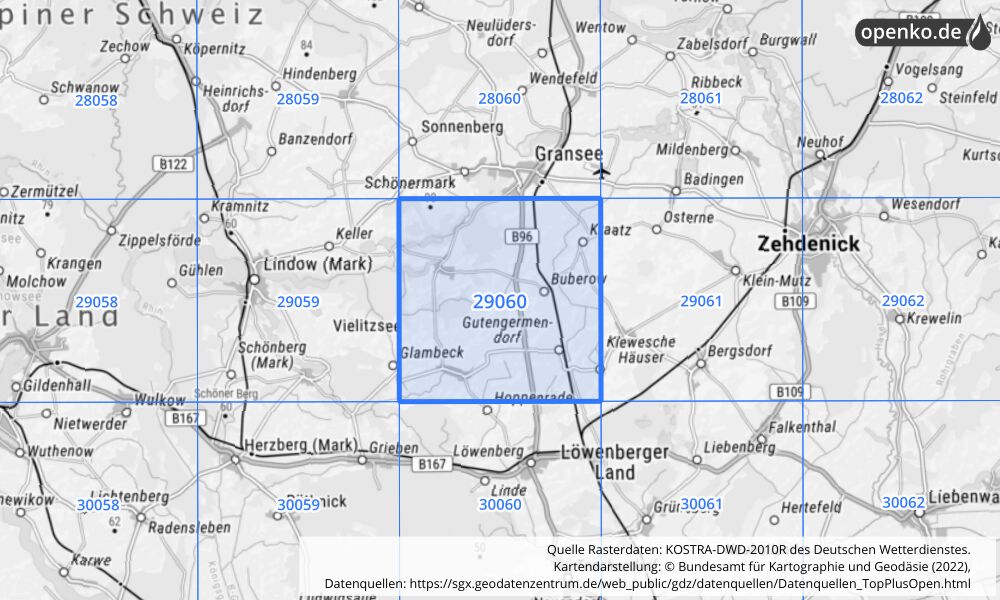 Übersichtskarte KOSTRA-DWD-2010R Rasterfeld Nr. 29060 mit angrenzenden Feldern