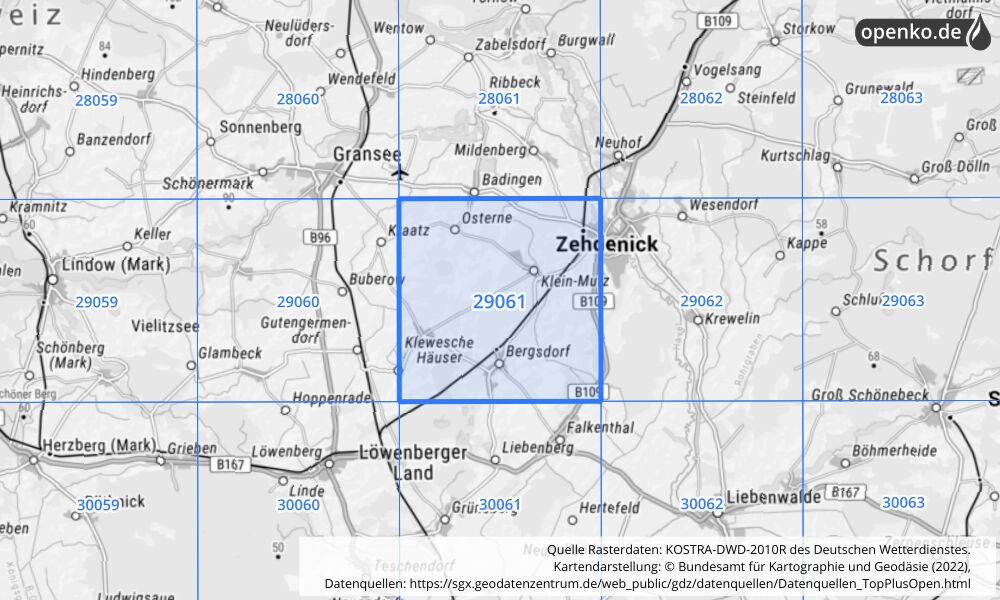 Übersichtskarte KOSTRA-DWD-2010R Rasterfeld Nr. 29061 mit angrenzenden Feldern