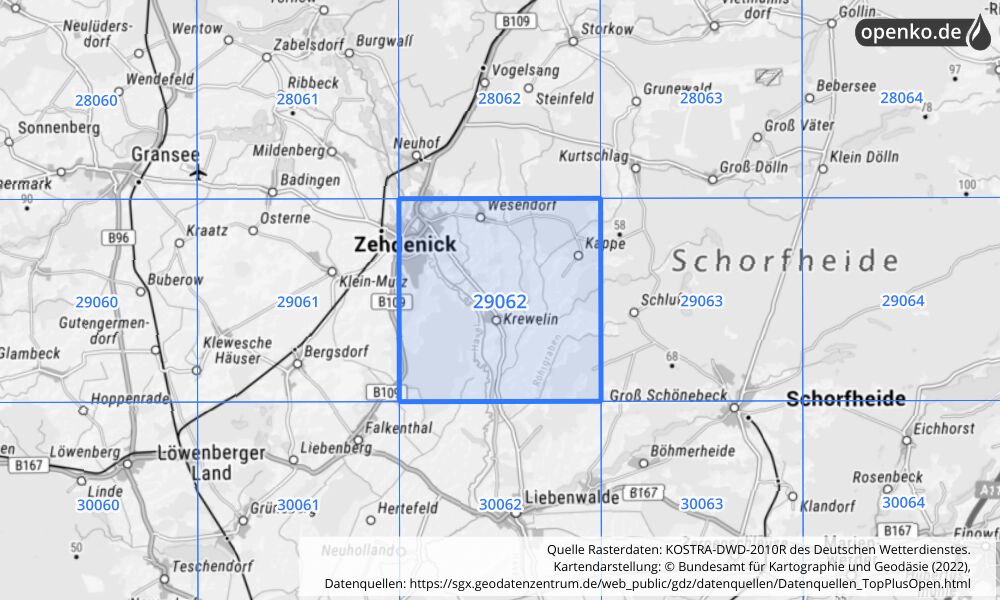 Übersichtskarte KOSTRA-DWD-2010R Rasterfeld Nr. 29062 mit angrenzenden Feldern