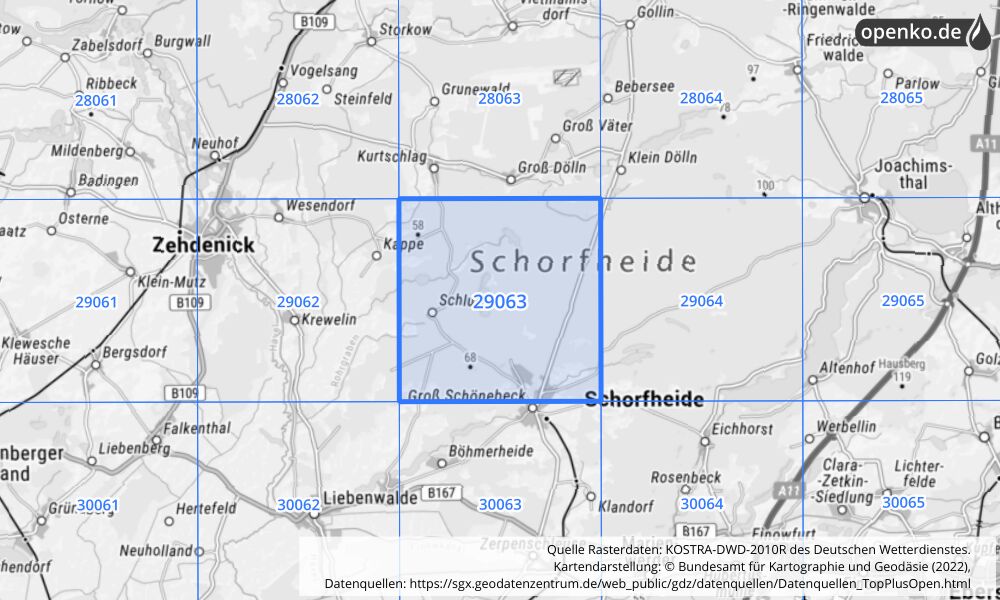 Übersichtskarte KOSTRA-DWD-2010R Rasterfeld Nr. 29063 mit angrenzenden Feldern