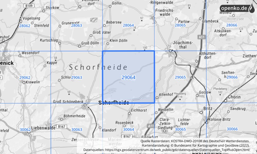 Übersichtskarte KOSTRA-DWD-2010R Rasterfeld Nr. 29064 mit angrenzenden Feldern