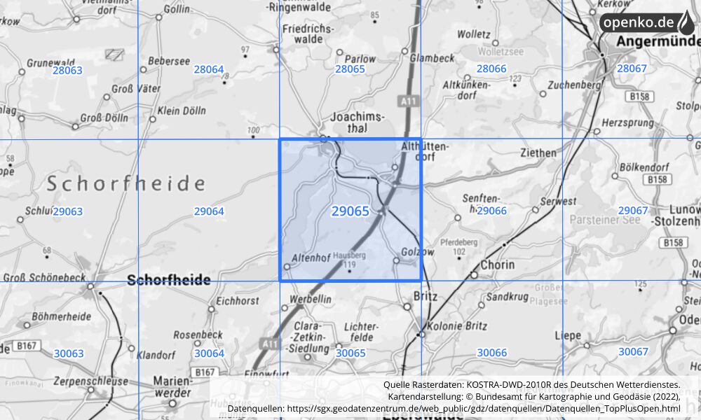 Übersichtskarte KOSTRA-DWD-2010R Rasterfeld Nr. 29065 mit angrenzenden Feldern