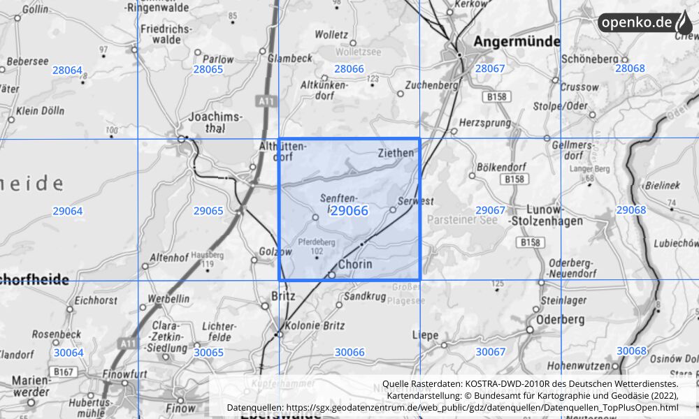 Übersichtskarte KOSTRA-DWD-2010R Rasterfeld Nr. 29066 mit angrenzenden Feldern
