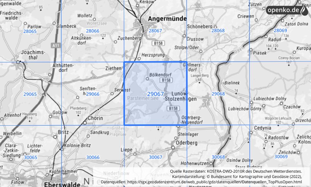 Übersichtskarte KOSTRA-DWD-2010R Rasterfeld Nr. 29067 mit angrenzenden Feldern