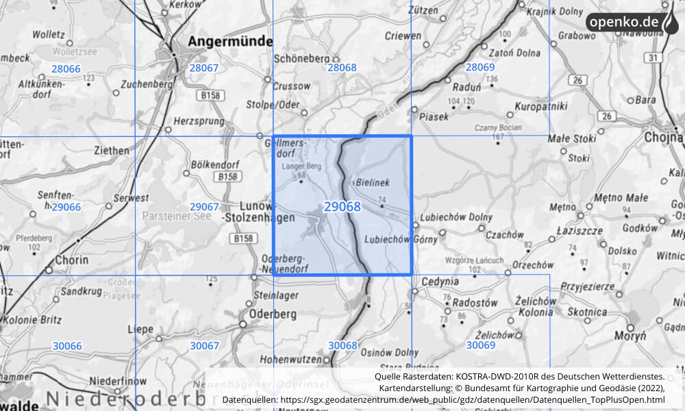 Übersichtskarte KOSTRA-DWD-2010R Rasterfeld Nr. 29068 mit angrenzenden Feldern