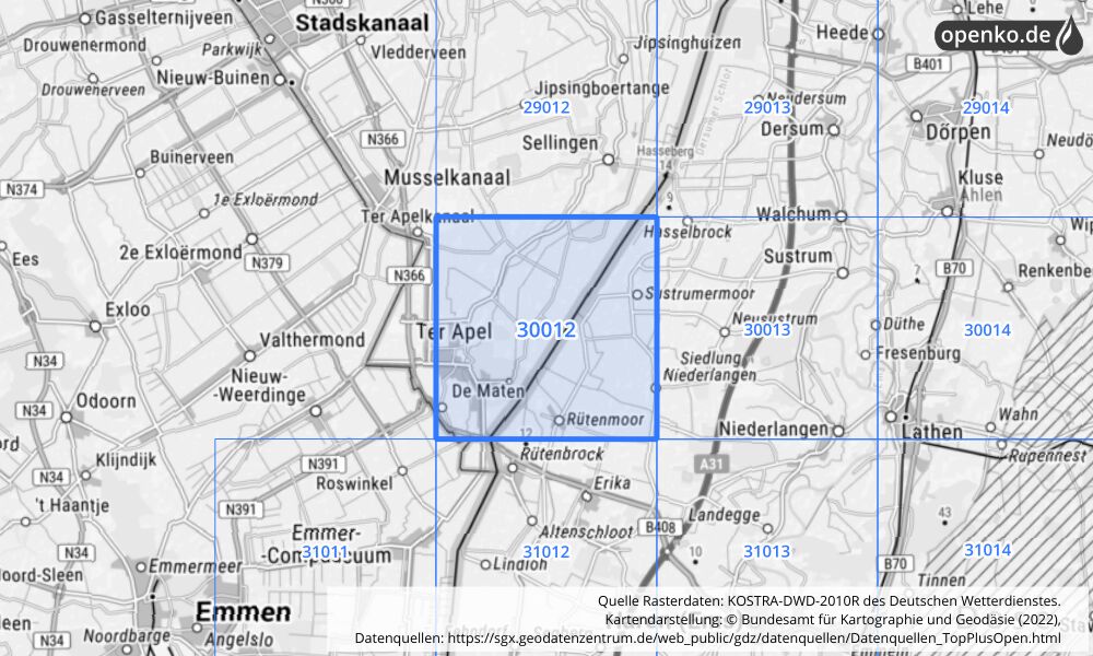 Übersichtskarte KOSTRA-DWD-2010R Rasterfeld Nr. 30012 mit angrenzenden Feldern