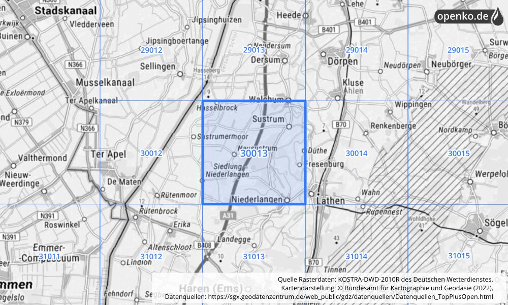 Übersichtskarte KOSTRA-DWD-2010R Rasterfeld Nr. 30013 mit angrenzenden Feldern