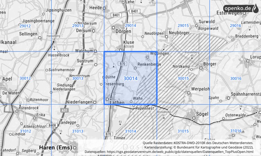 Übersichtskarte KOSTRA-DWD-2010R Rasterfeld Nr. 30014 mit angrenzenden Feldern