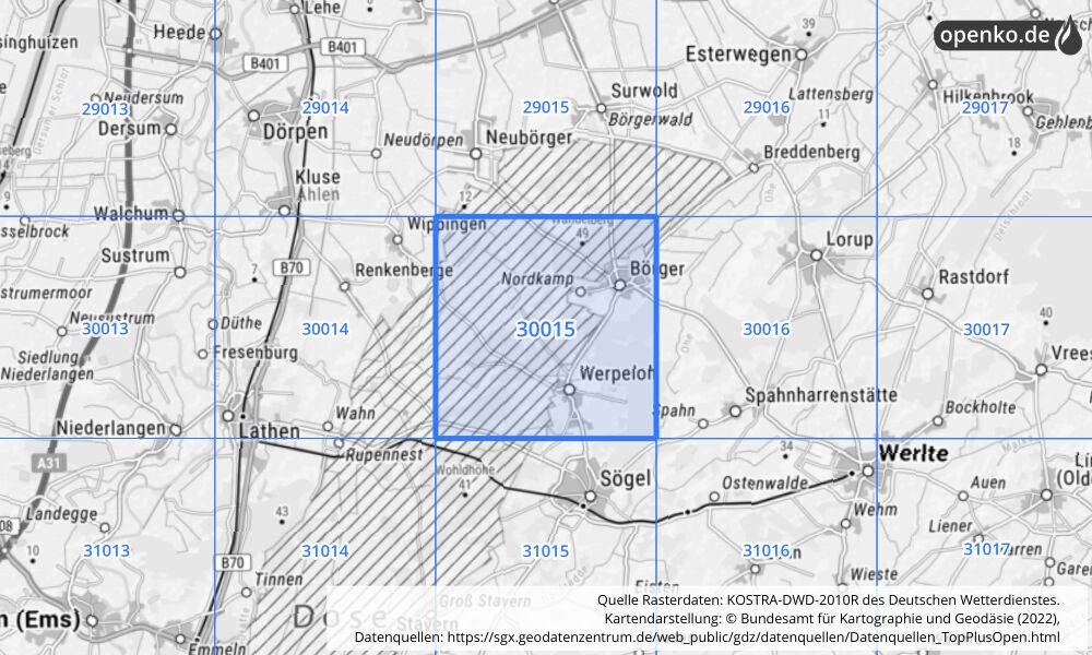 Übersichtskarte KOSTRA-DWD-2010R Rasterfeld Nr. 30015 mit angrenzenden Feldern