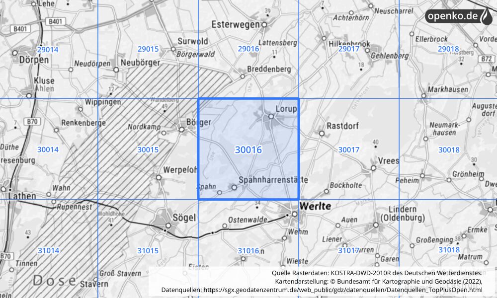 Übersichtskarte KOSTRA-DWD-2010R Rasterfeld Nr. 30016 mit angrenzenden Feldern