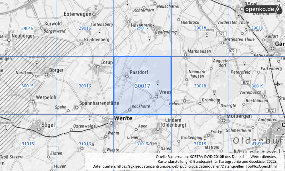 Übersichtskarte KOSTRA-DWD-2010R Rasterfeld Nr. 30017 mit angrenzenden Feldern