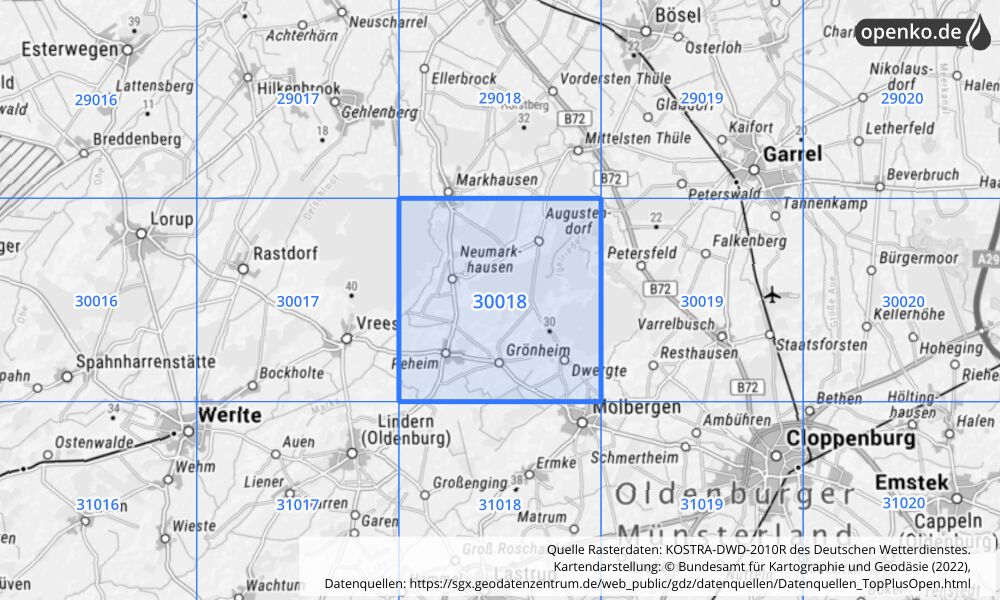 Übersichtskarte KOSTRA-DWD-2010R Rasterfeld Nr. 30018 mit angrenzenden Feldern