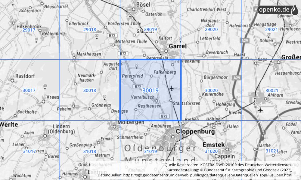 Übersichtskarte KOSTRA-DWD-2010R Rasterfeld Nr. 30019 mit angrenzenden Feldern
