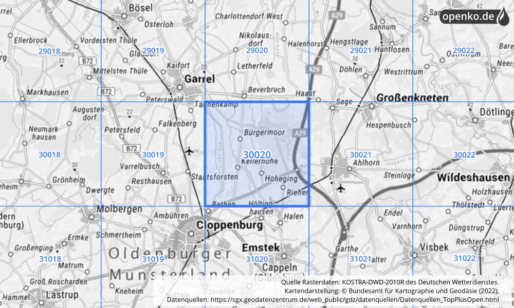 Übersichtskarte KOSTRA-DWD-2010R Rasterfeld Nr. 30020 mit angrenzenden Feldern