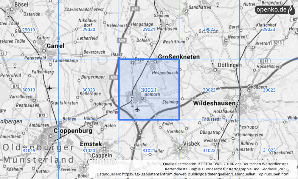 Übersichtskarte KOSTRA-DWD-2010R Rasterfeld Nr. 30021 mit angrenzenden Feldern