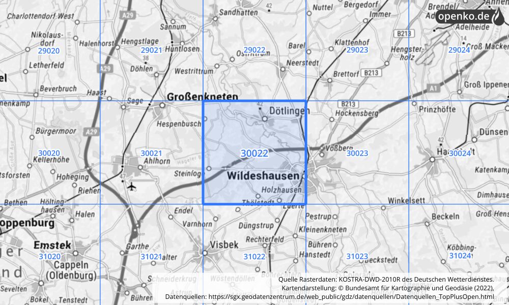 Übersichtskarte KOSTRA-DWD-2010R Rasterfeld Nr. 30022 mit angrenzenden Feldern