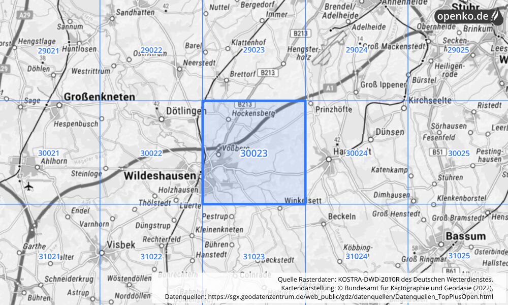 Übersichtskarte KOSTRA-DWD-2010R Rasterfeld Nr. 30023 mit angrenzenden Feldern
