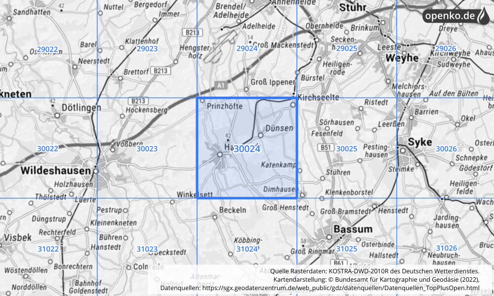 Übersichtskarte KOSTRA-DWD-2010R Rasterfeld Nr. 30024 mit angrenzenden Feldern