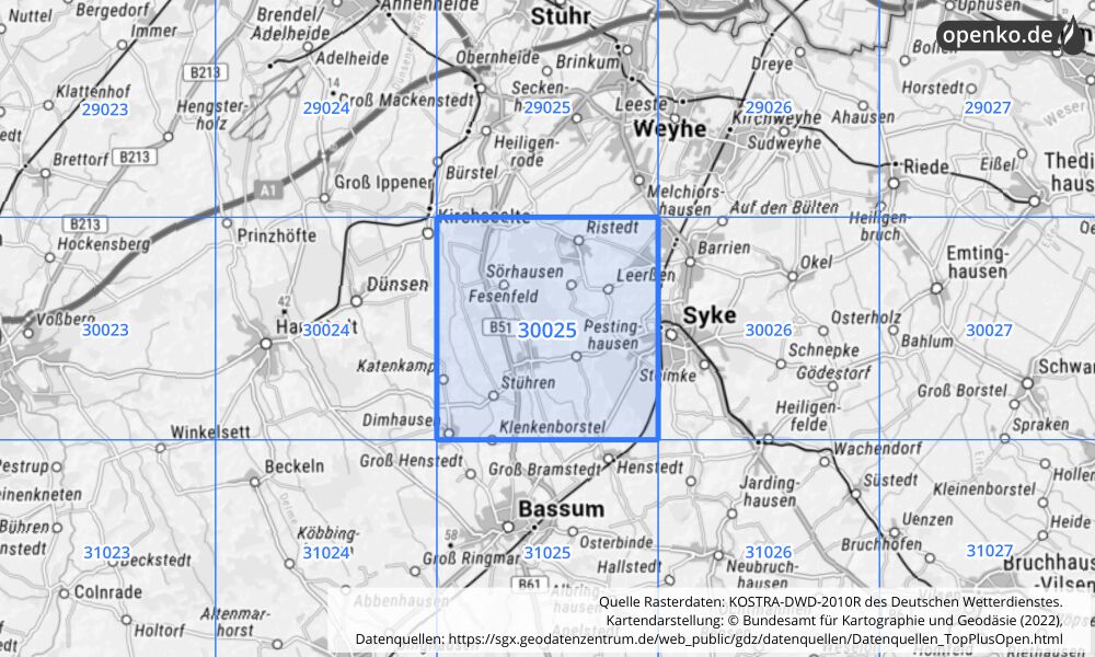 Übersichtskarte KOSTRA-DWD-2010R Rasterfeld Nr. 30025 mit angrenzenden Feldern