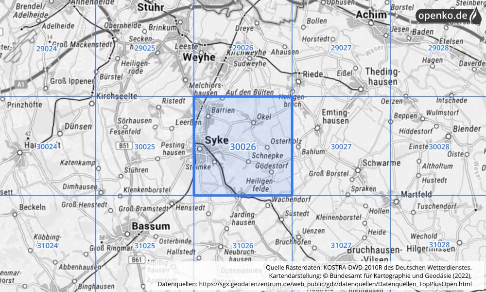 Übersichtskarte KOSTRA-DWD-2010R Rasterfeld Nr. 30026 mit angrenzenden Feldern