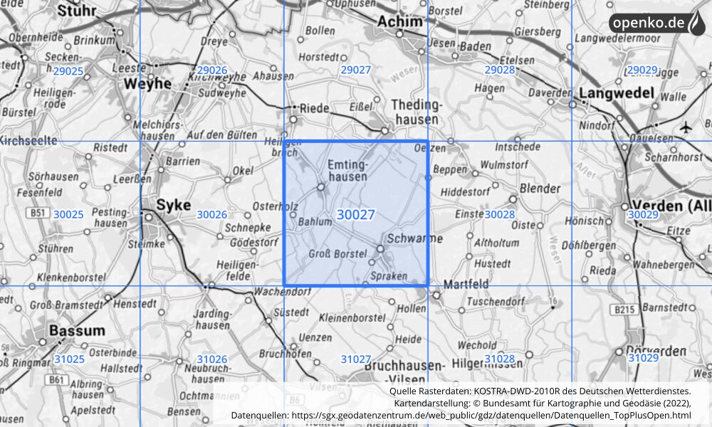 Übersichtskarte KOSTRA-DWD-2010R Rasterfeld Nr. 30027 mit angrenzenden Feldern