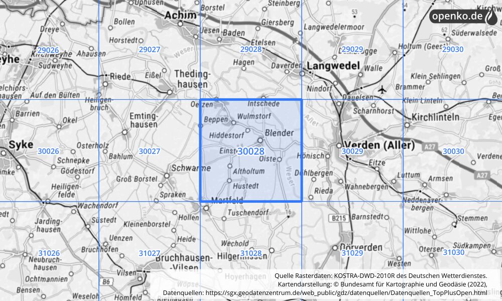 Übersichtskarte KOSTRA-DWD-2010R Rasterfeld Nr. 30028 mit angrenzenden Feldern