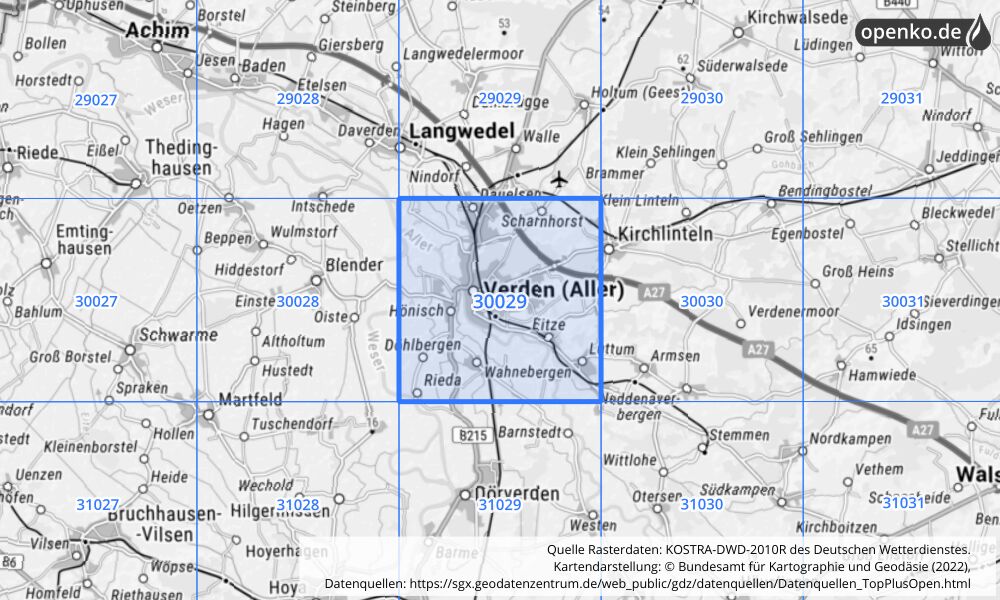 Übersichtskarte KOSTRA-DWD-2010R Rasterfeld Nr. 30029 mit angrenzenden Feldern