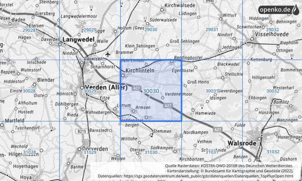 Übersichtskarte KOSTRA-DWD-2010R Rasterfeld Nr. 30030 mit angrenzenden Feldern
