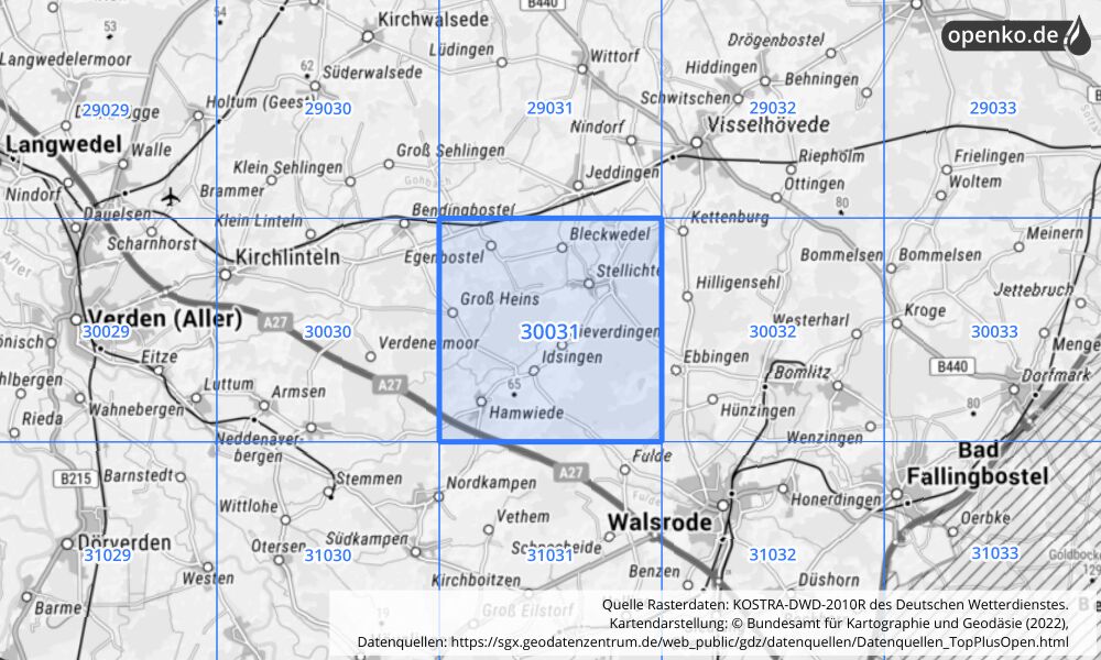 Übersichtskarte KOSTRA-DWD-2010R Rasterfeld Nr. 30031 mit angrenzenden Feldern