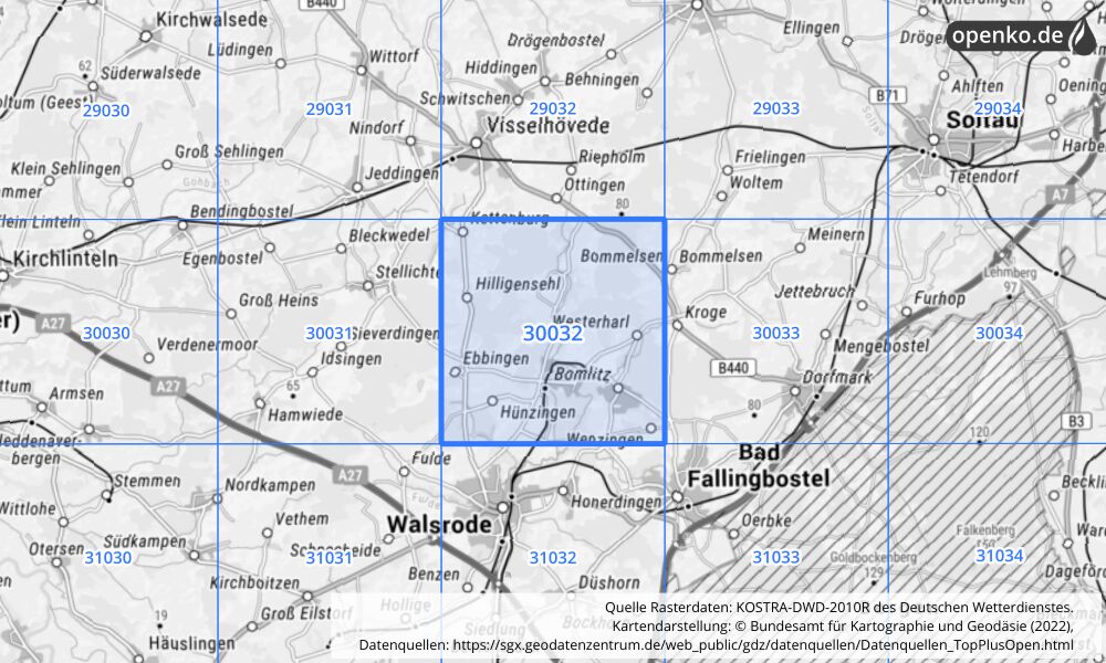 Übersichtskarte KOSTRA-DWD-2010R Rasterfeld Nr. 30032 mit angrenzenden Feldern