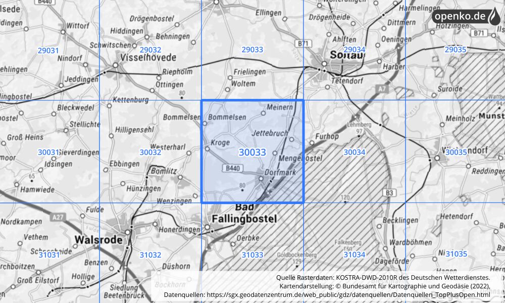 Übersichtskarte KOSTRA-DWD-2010R Rasterfeld Nr. 30033 mit angrenzenden Feldern