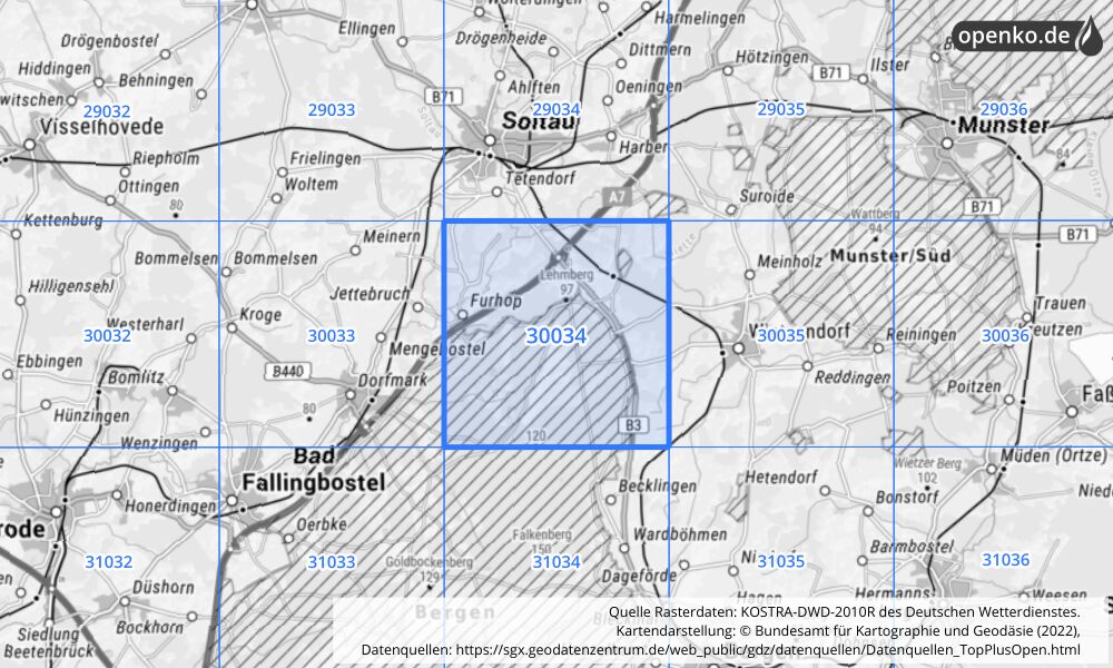 Übersichtskarte KOSTRA-DWD-2010R Rasterfeld Nr. 30034 mit angrenzenden Feldern