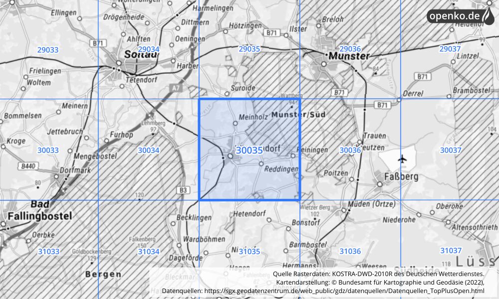 Übersichtskarte KOSTRA-DWD-2010R Rasterfeld Nr. 30035 mit angrenzenden Feldern