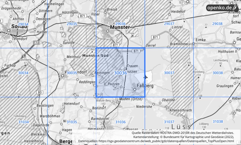 Übersichtskarte KOSTRA-DWD-2010R Rasterfeld Nr. 30036 mit angrenzenden Feldern