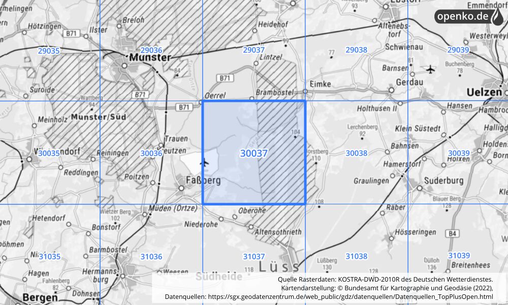 Übersichtskarte KOSTRA-DWD-2010R Rasterfeld Nr. 30037 mit angrenzenden Feldern