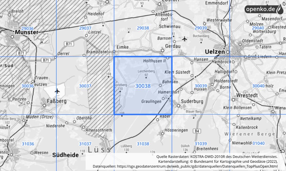 Übersichtskarte KOSTRA-DWD-2010R Rasterfeld Nr. 30038 mit angrenzenden Feldern