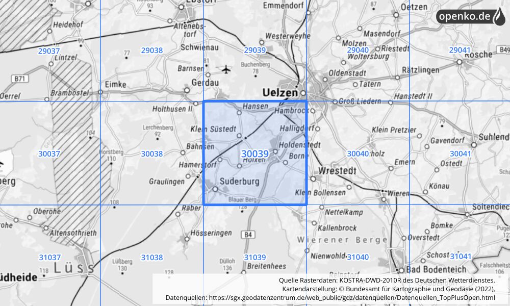 Übersichtskarte KOSTRA-DWD-2010R Rasterfeld Nr. 30039 mit angrenzenden Feldern