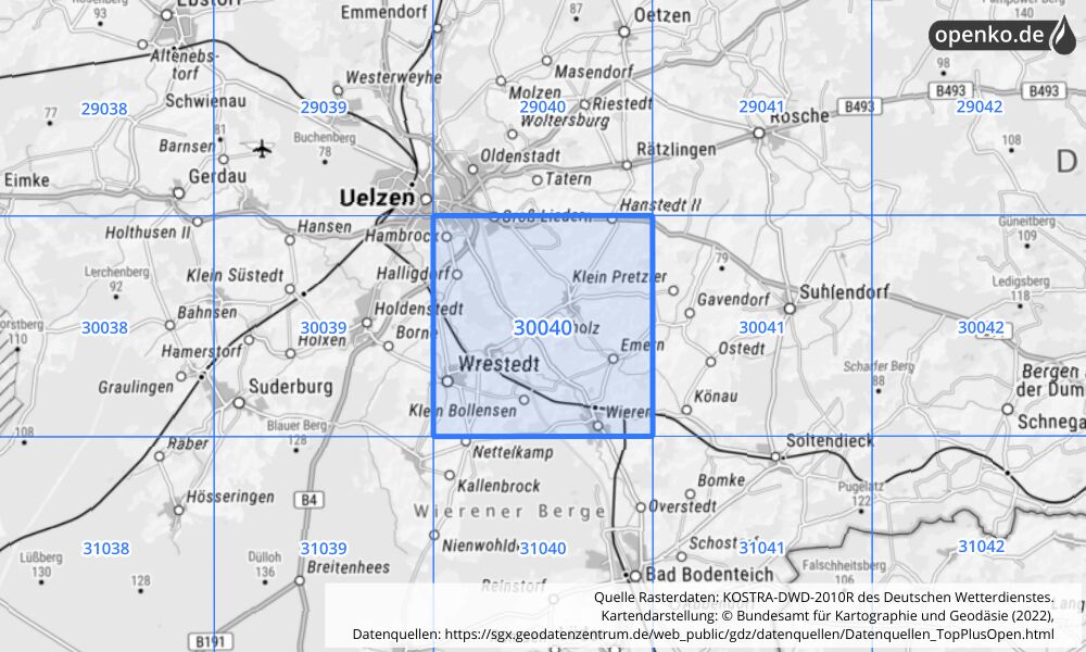 Übersichtskarte KOSTRA-DWD-2010R Rasterfeld Nr. 30040 mit angrenzenden Feldern