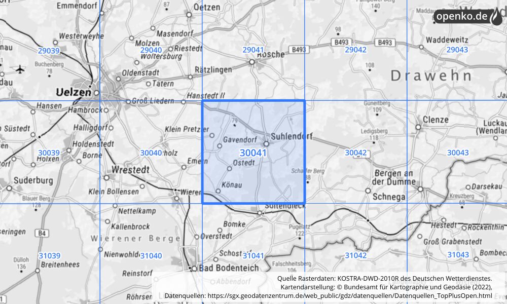 Übersichtskarte KOSTRA-DWD-2010R Rasterfeld Nr. 30041 mit angrenzenden Feldern