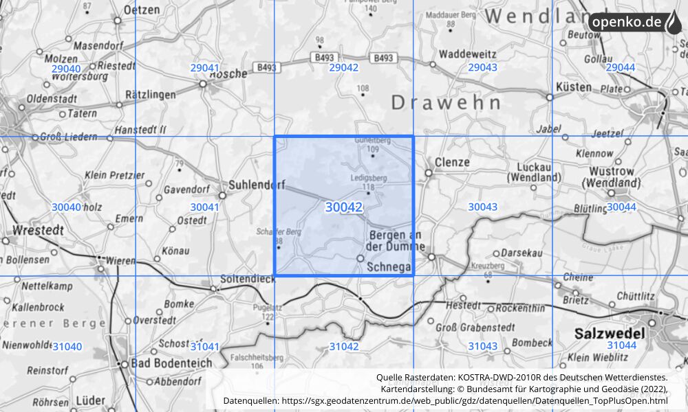 Übersichtskarte KOSTRA-DWD-2010R Rasterfeld Nr. 30042 mit angrenzenden Feldern